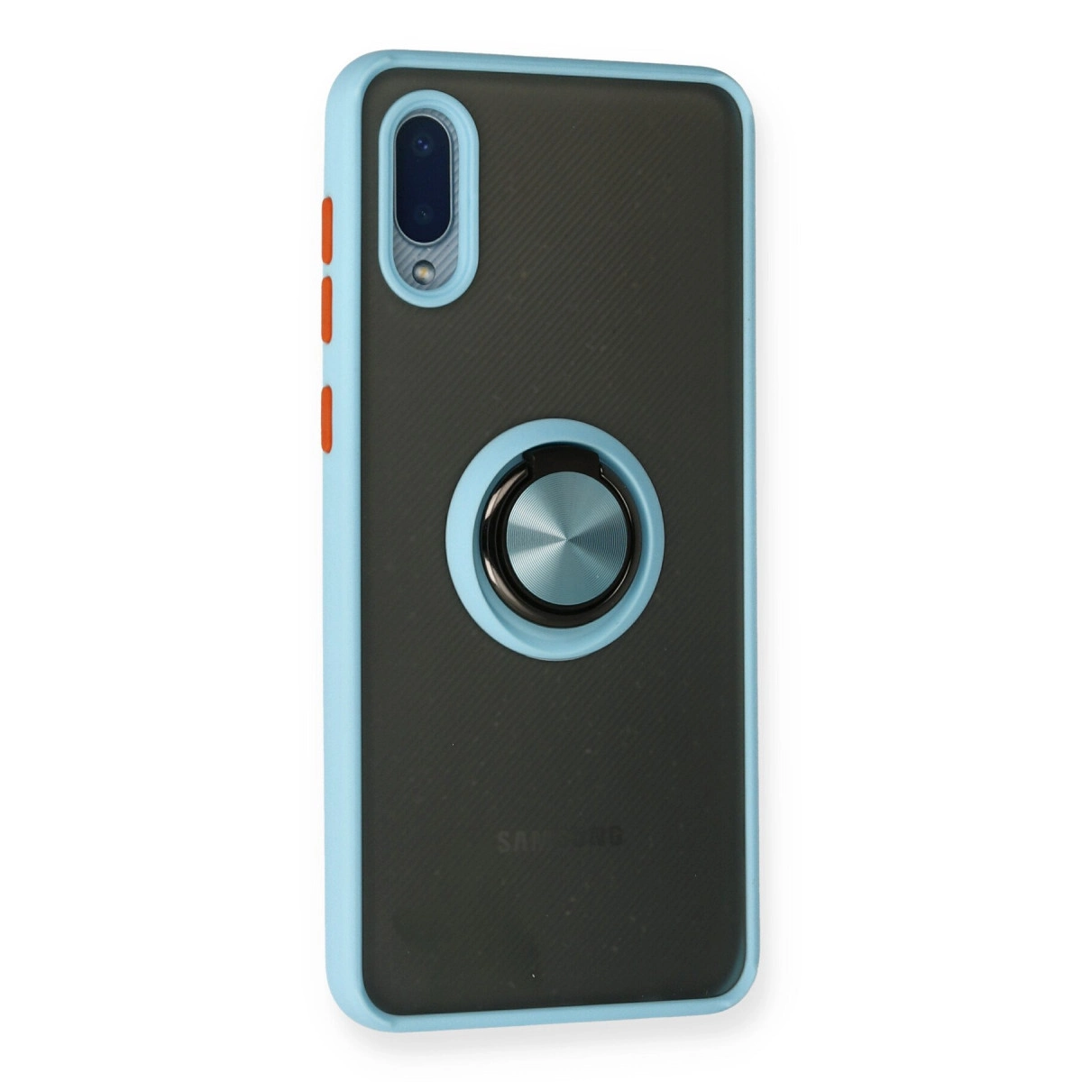Gümüş halka tutuculu, siyah arkalı, açık mavi telefon kılıfı.
