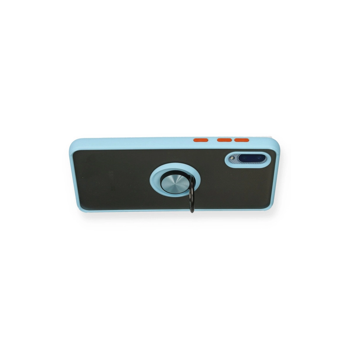 Siyah ekli, gümüş yüzük tutuculu, turuncu düğmeli açık mavi telefon kılıfı.