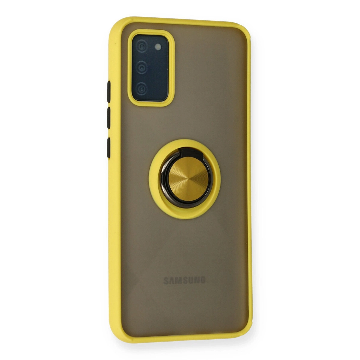 Arkada altın halka tutuculu sarı bir Samsung telefon kılıfı.