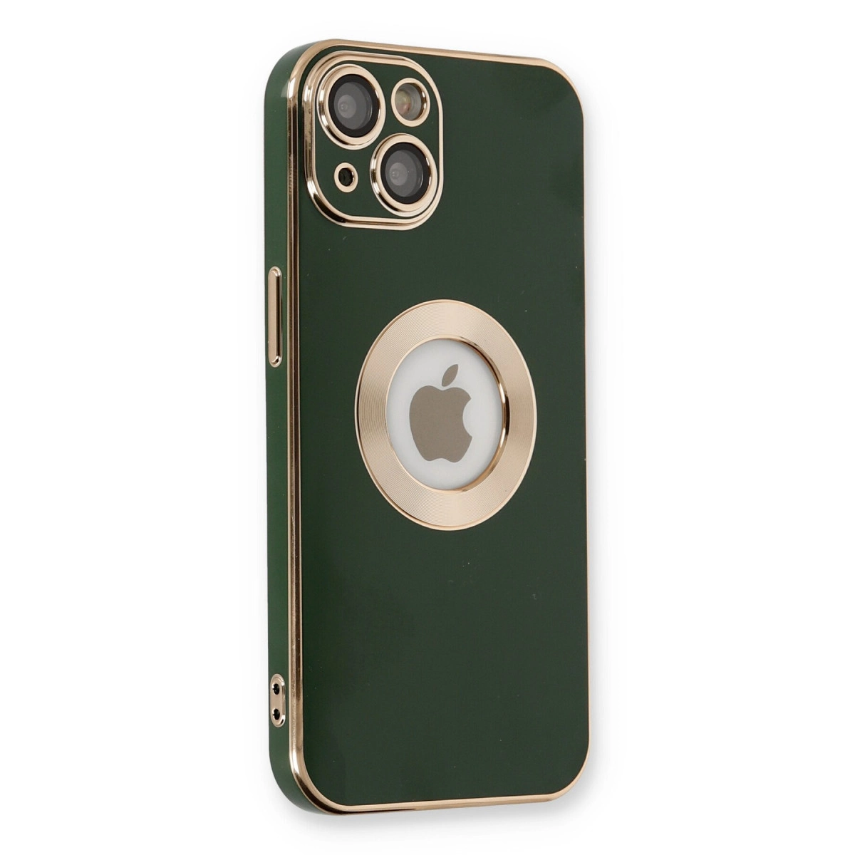 Altın kenarlı, kamera ve Apple logolu koyu yeşil telefon kılıfı.