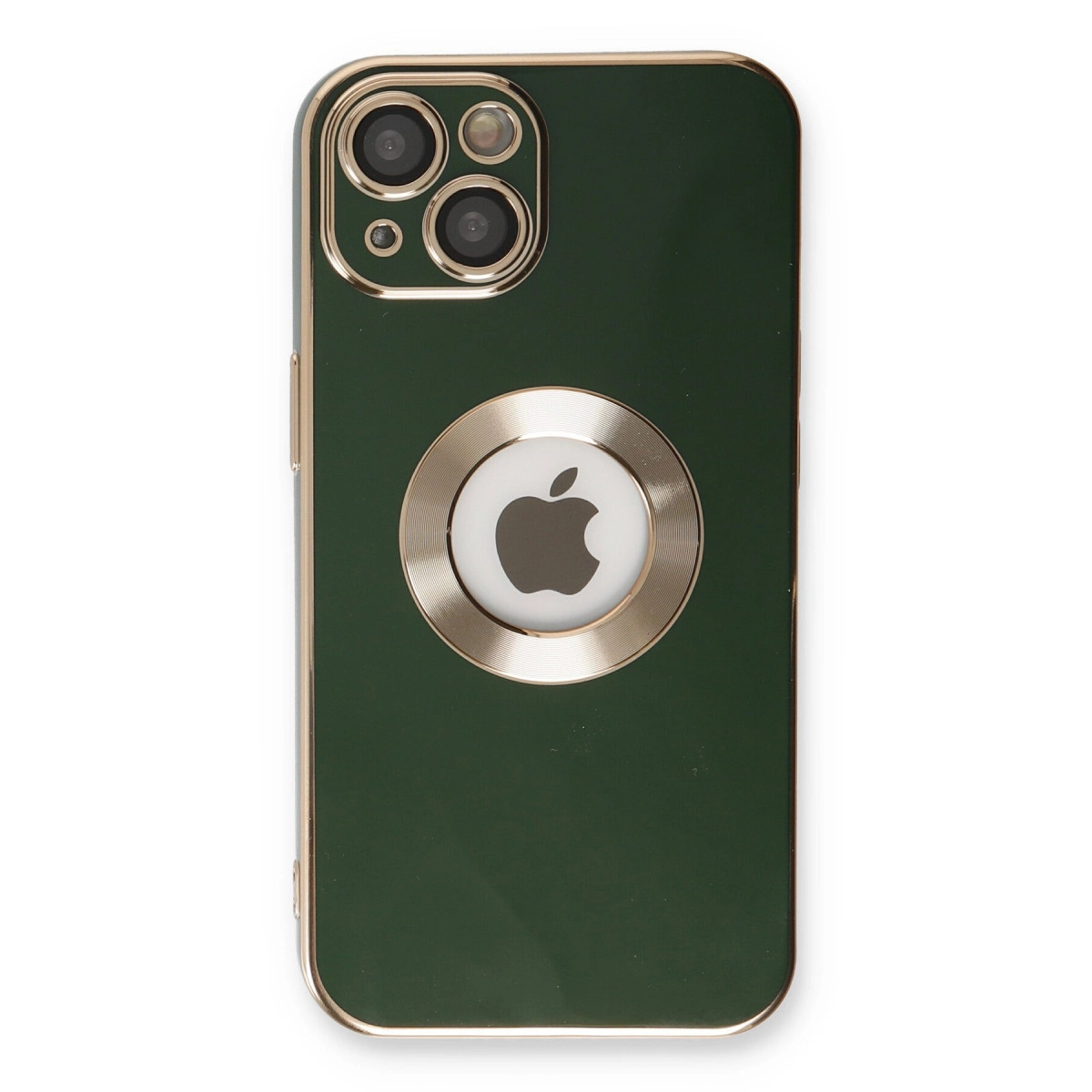 Apple logosu ve kamera modülü olan koyu yeşil telefon kılıfı.