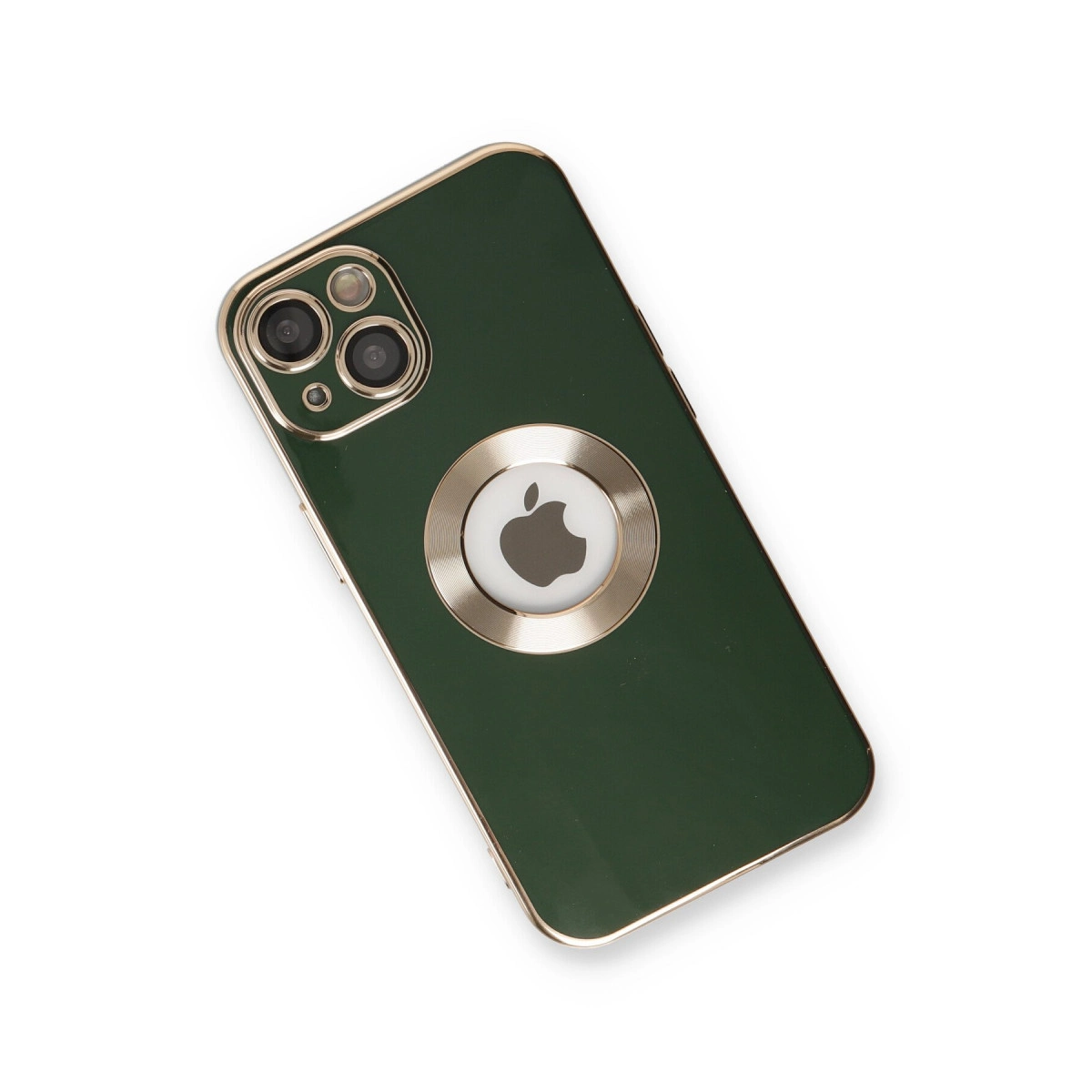 Altın kenarlı ve kamera dizili koyu yeşil telefon, Apple logolu takipçi.