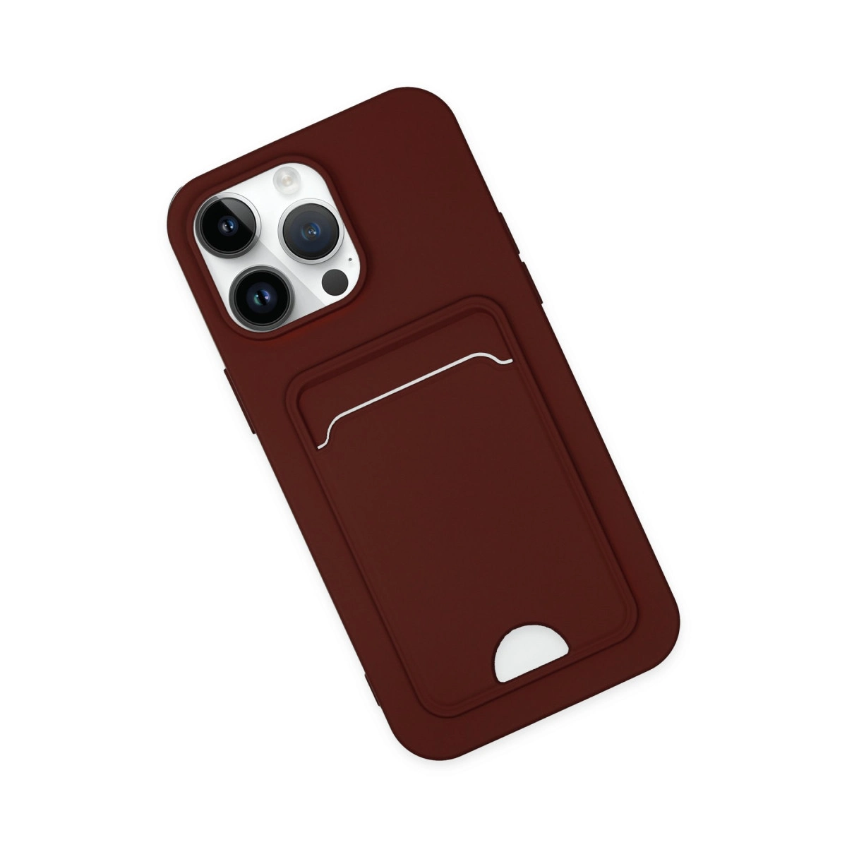 Kart yuvalı ve kamera lensli koyu kırmızı telefon kılıfı.