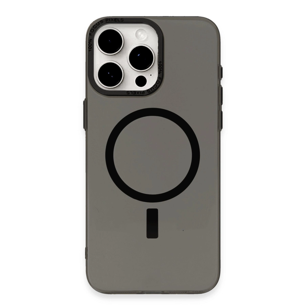 Üç kamera lensli ve siyah halka sembollü gri telefon kılıfı.