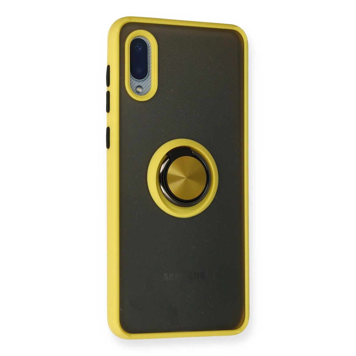 Sarı telefon kılıfı, siyah arka ve altın halkalı.