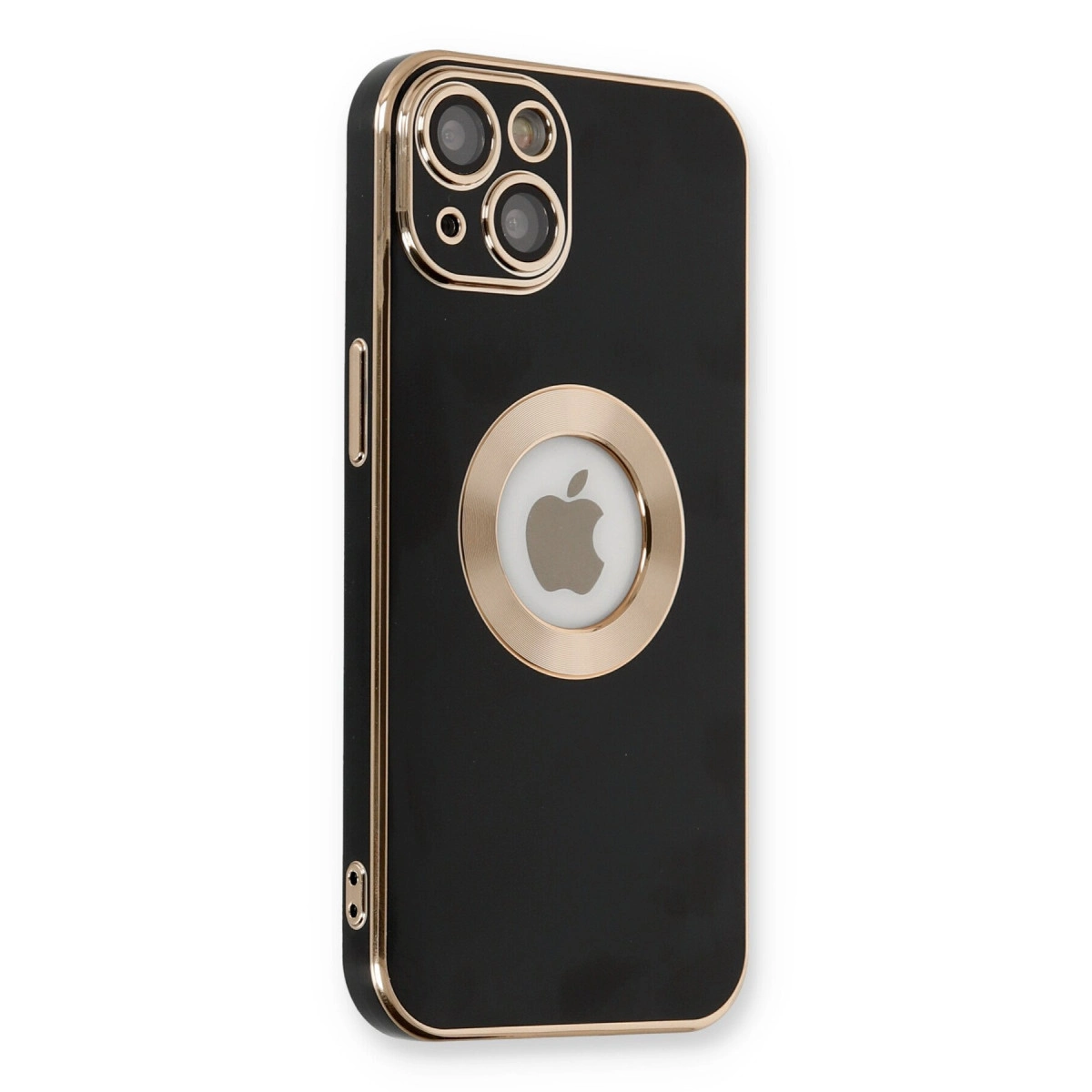 Altın kenarlı ve kamera kesimli siyah iPhone kılıfı.