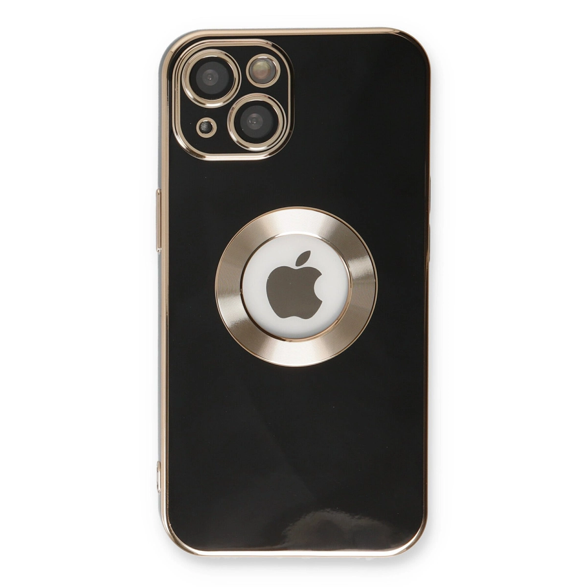 Üçlü kamera ve Apple logosu çıkartmalı siyah telefon kılıfı.
