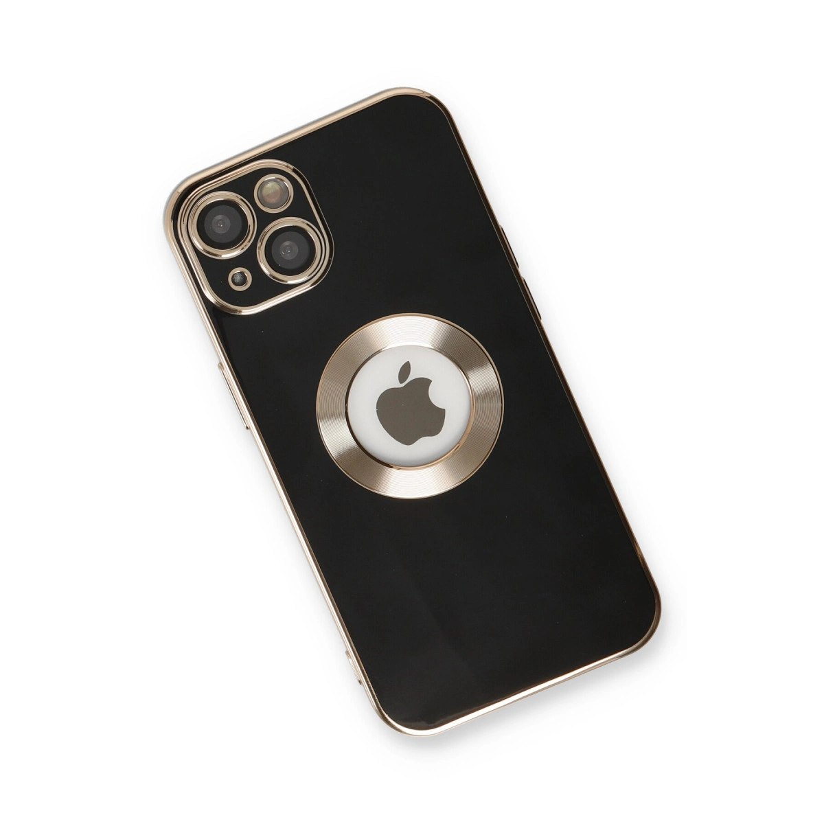 Altın kenarlı siyah telefon kılıfı ve Apple logolu takip cihazı.