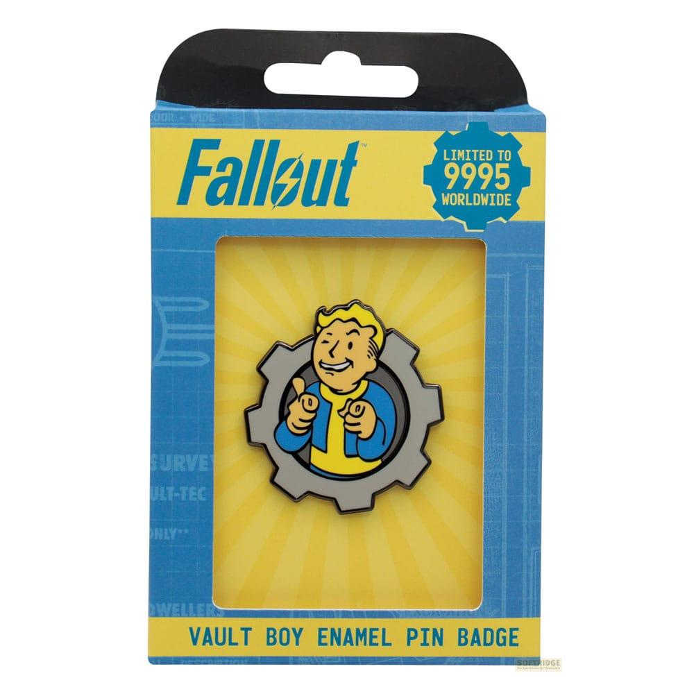 Fallout Vault Boy-Anstecknadel in einer Verpackung mit Zahnrad-Design.