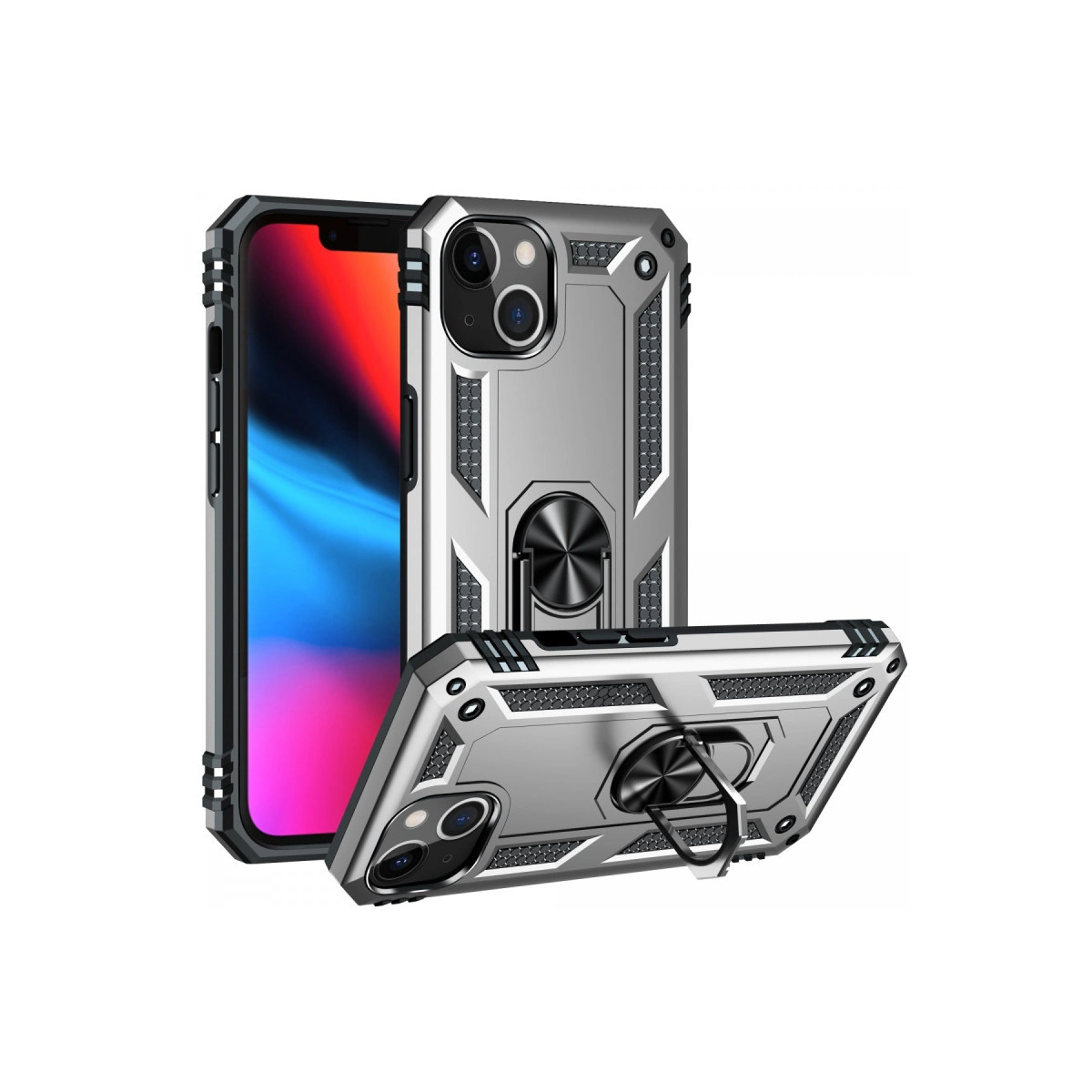 Halka tutuculu gümüş telefon kılıfı, 3D tarzı. Beyaz arka plan.
