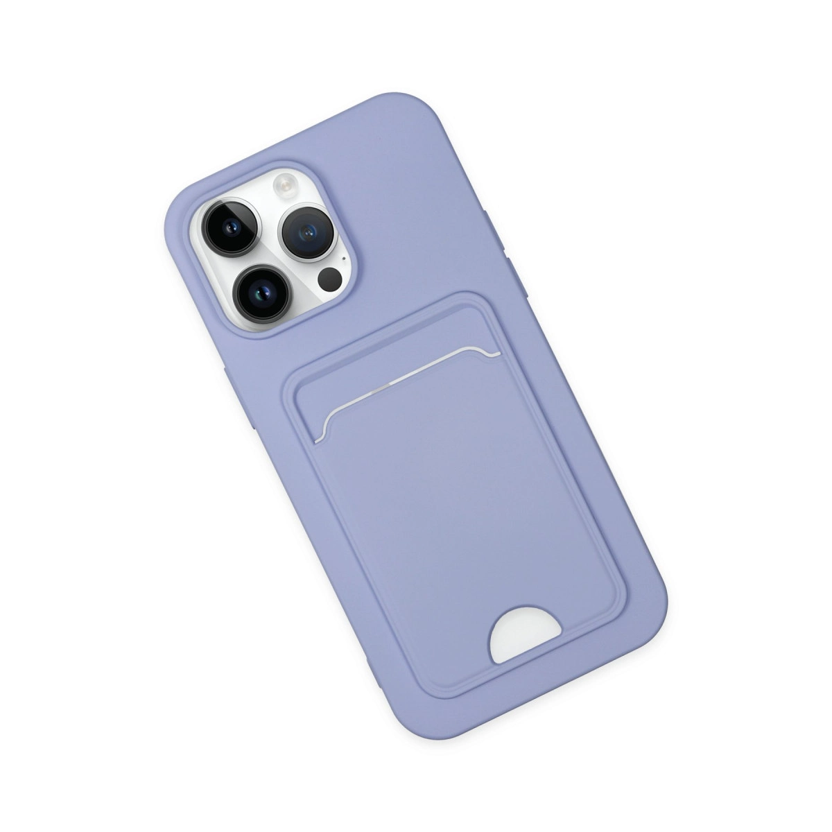 Kamera oyuntulu ve kart yuvalı, lavanta rengi telefon kılıfı.