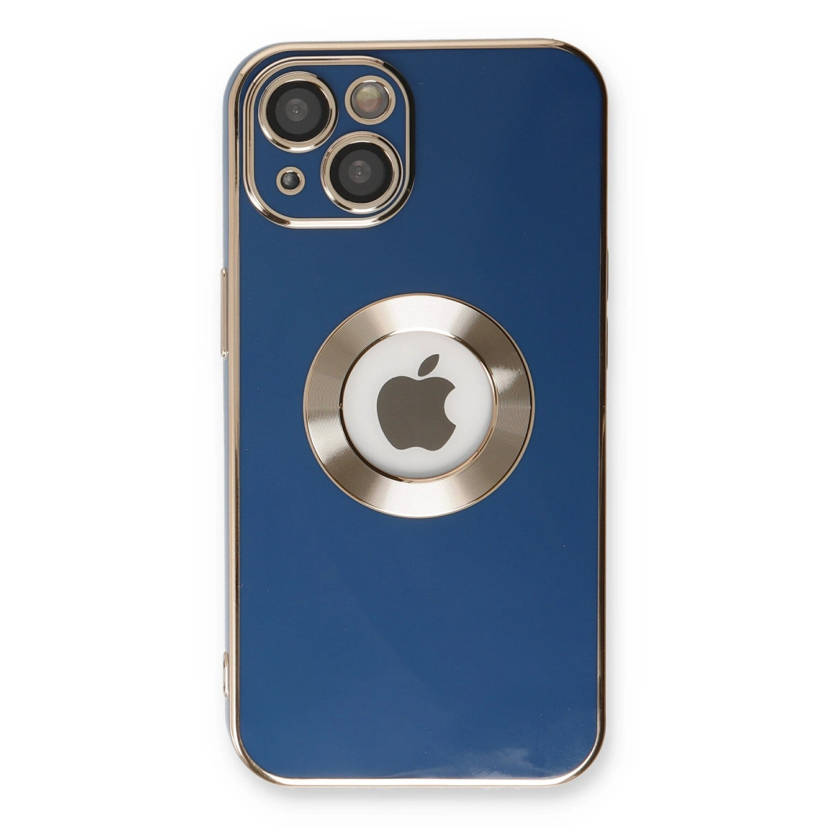 Gümüş çerçeveli ve Apple logolu lacivert telefon.