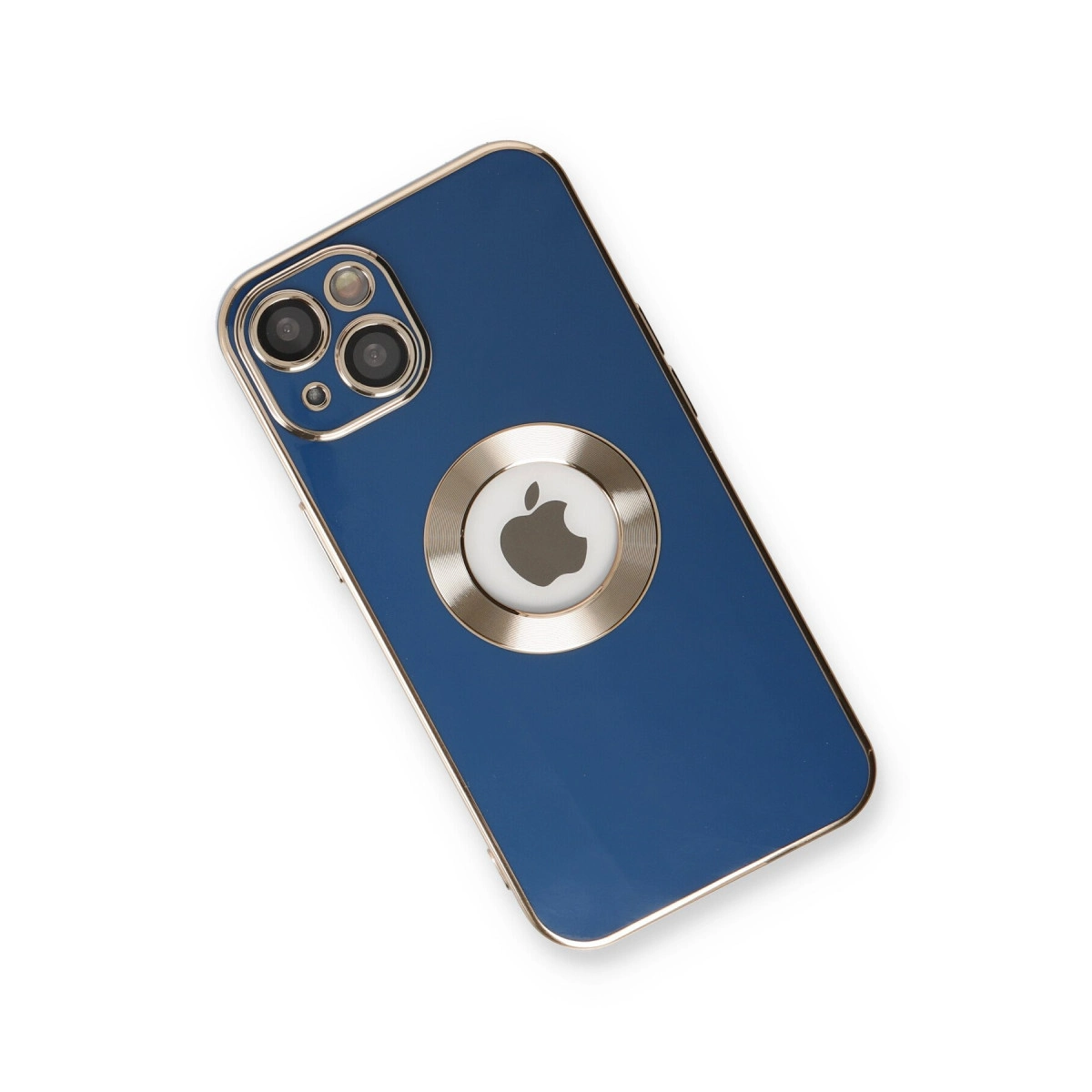Gümüş çerçeveli ve Apple logolu lacivert telefon. Kamera modülü sol üstte.