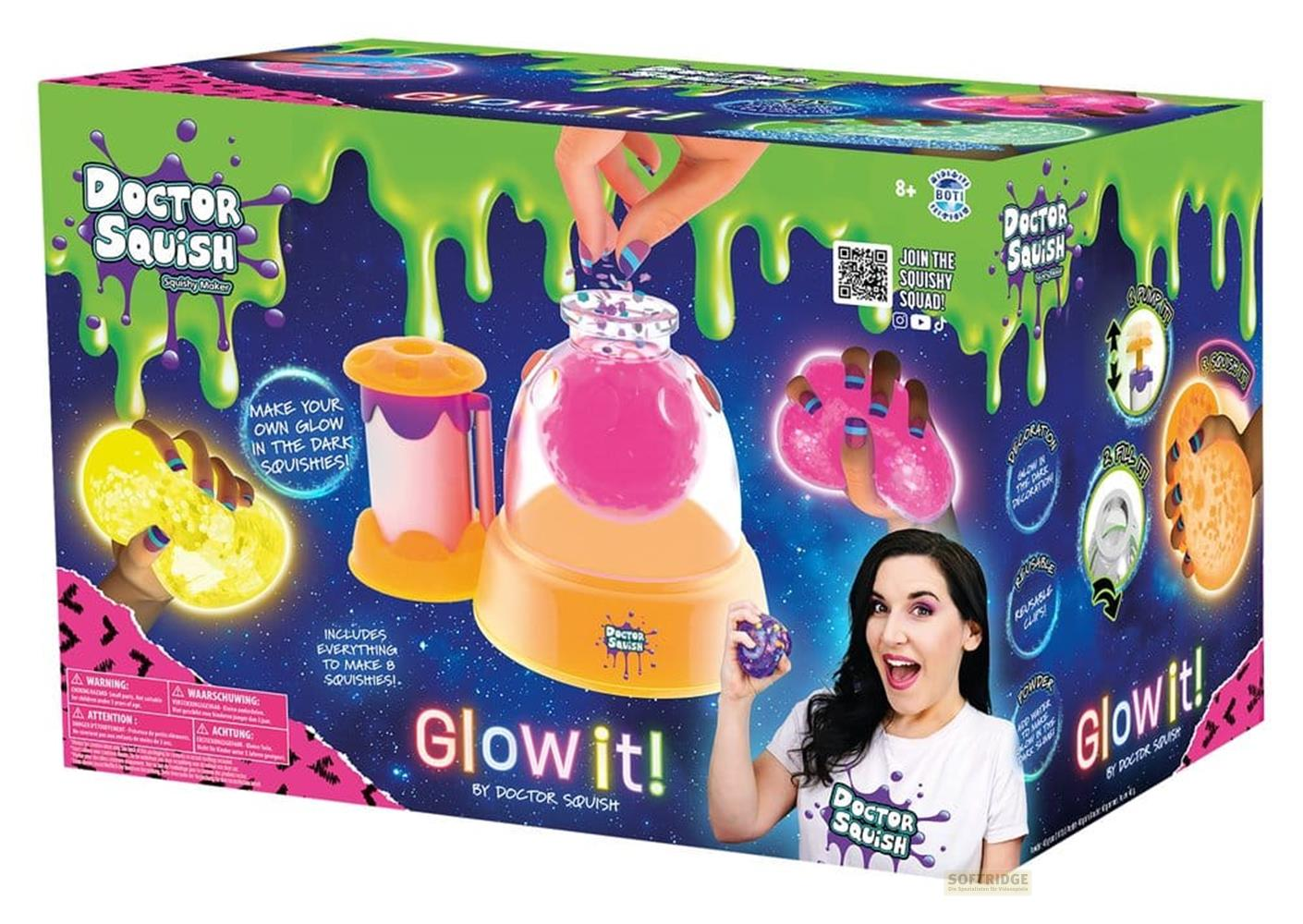 Caja de juguete Doctor Squish Glow it!: Manos haciendo squishies brillantes.