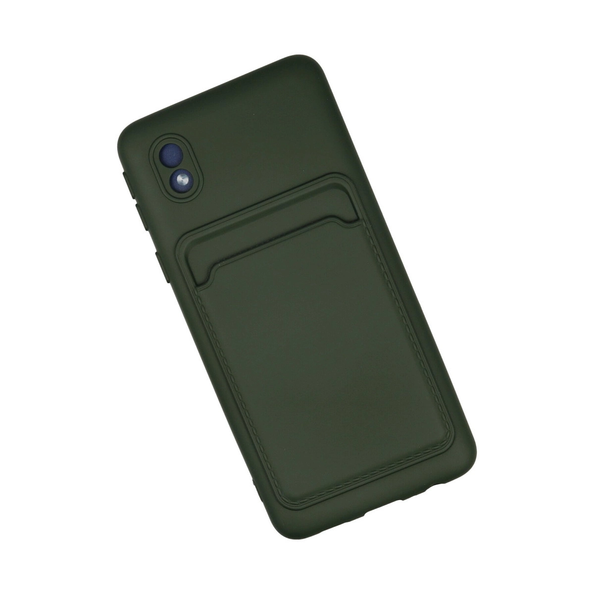 Kart tutuculu koyu yeşil telefon kılıfı beyaz arka plan üzerinde gösteriliyor.