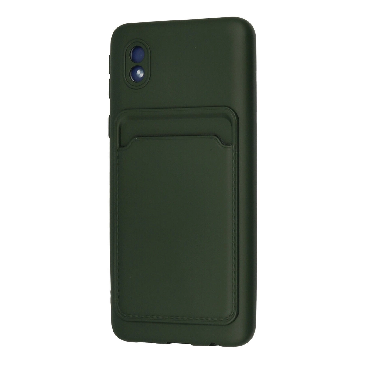 Koyu yeşil telefon kılıfı, kart yuvası ve üstte iki kamera lensi.