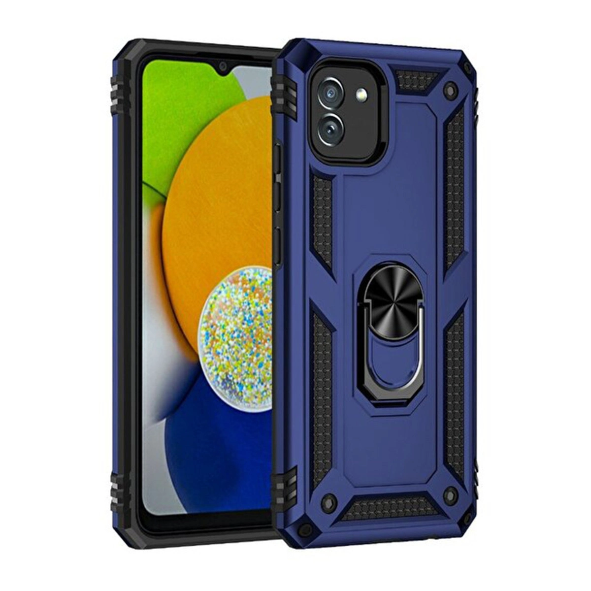 Renkli duvar kağıtlı bir akıllı telefonda halka tutuculu mavi telefon kılıfı.