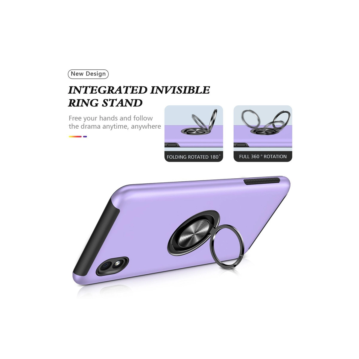 Entegre halka standlı mor telefon kılıfı, 180° ve 360° dönebilir.