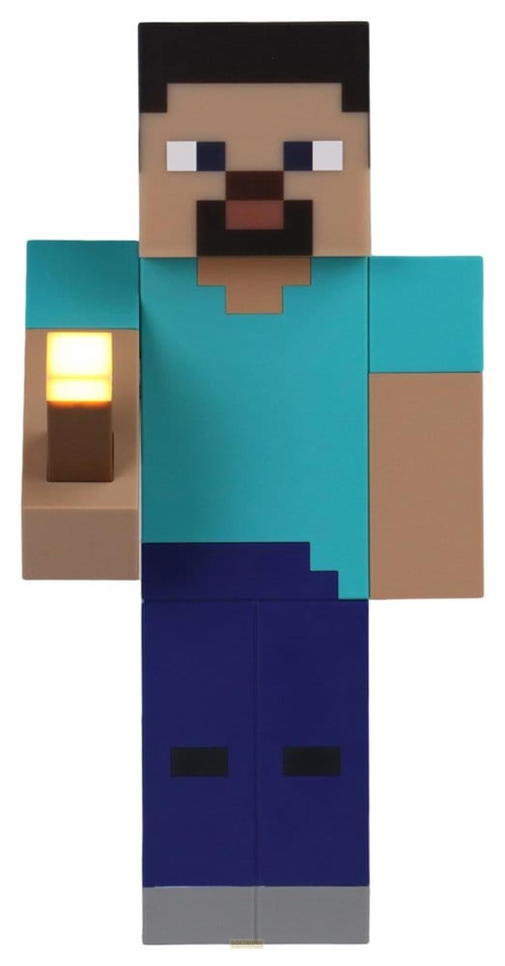 Ein Minecraft Steve-Charakter mit einem leuchtenden Objekt in der linken Hand.
