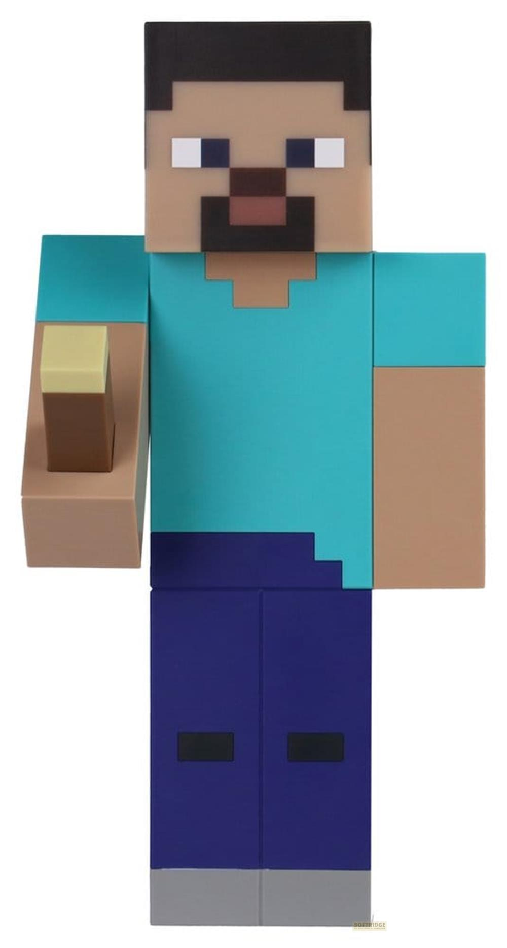 Minecraft Steve Figur mit braunem und blauem Outfit, hält einen braunen Block.