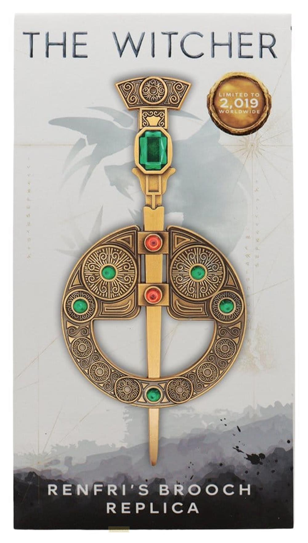 Goldene Witcher-Brosche mit grünen und roten Edelsteinen, limitiert auf 2.019 Stück.