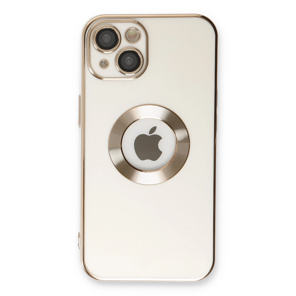 Çift kameralı ve Apple logolu altın rengi iPhone kılıfı.