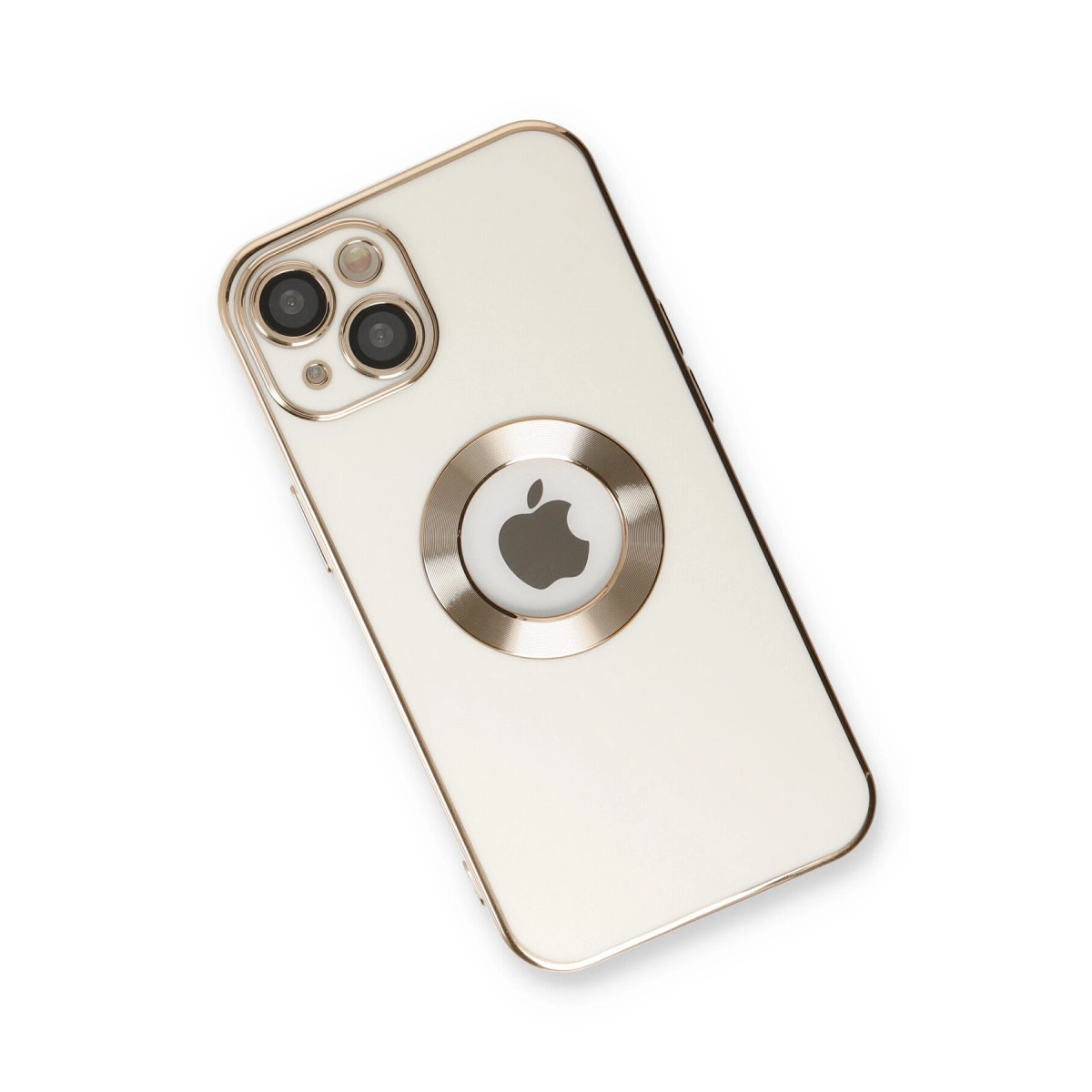 Gümüş çerçeveli ve kamera modüllü beyaz iPhone. Apple logosu arkada ortalanmış.