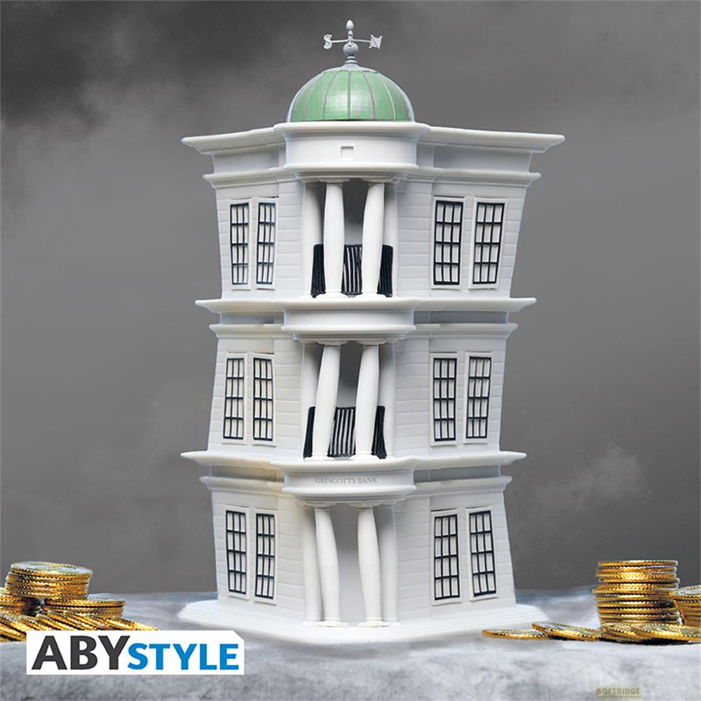 Modelo de banco blanco con cúpula verde y monedas de oro.