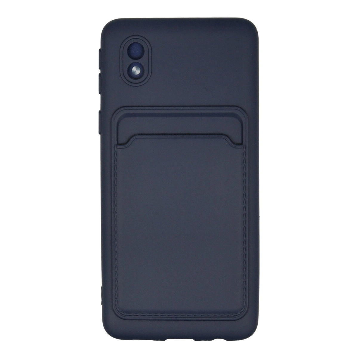 Koyu mavi telefon kılıfı kart yuvası ve kamera kesiği ile.