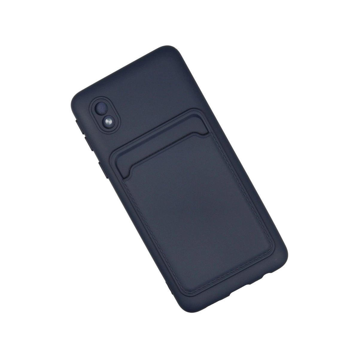 Koyu mavi telefon kılıfı, kartlık ve kamera kesimi bulunur.