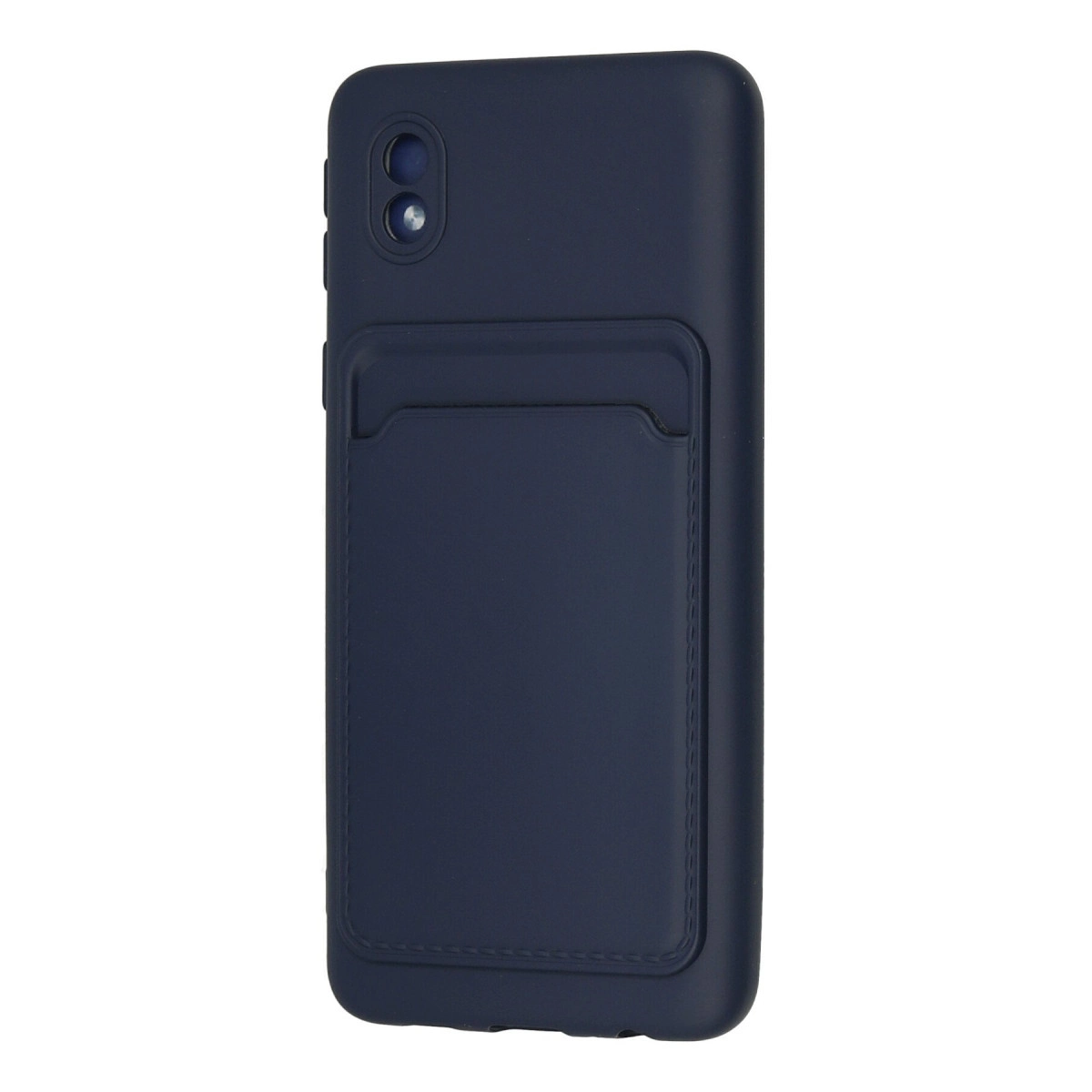 Arkada kartlık bulunan lacivert telefon kılıfı.