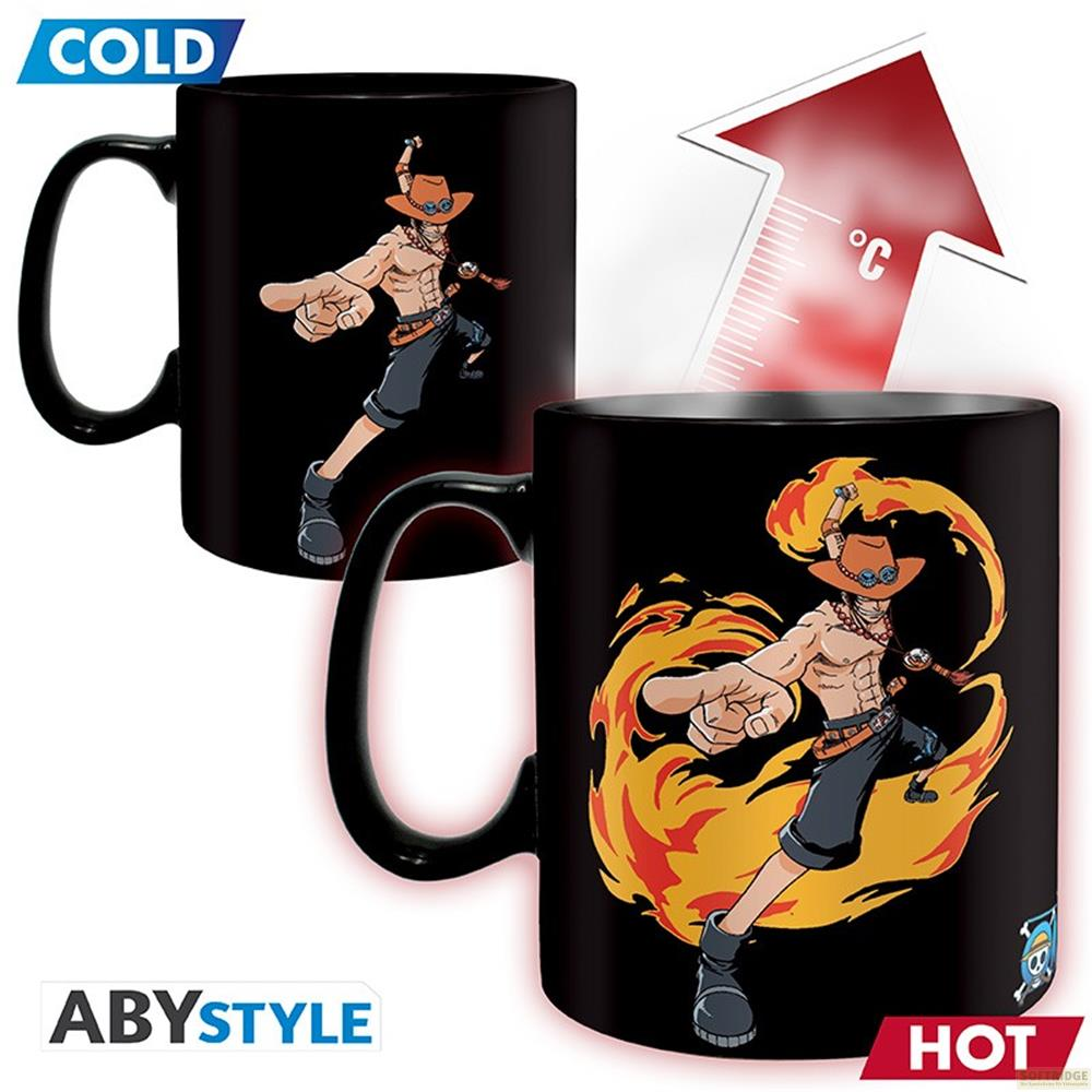 Una taza negra muestra un personaje envuelto en llamas al calentarse.