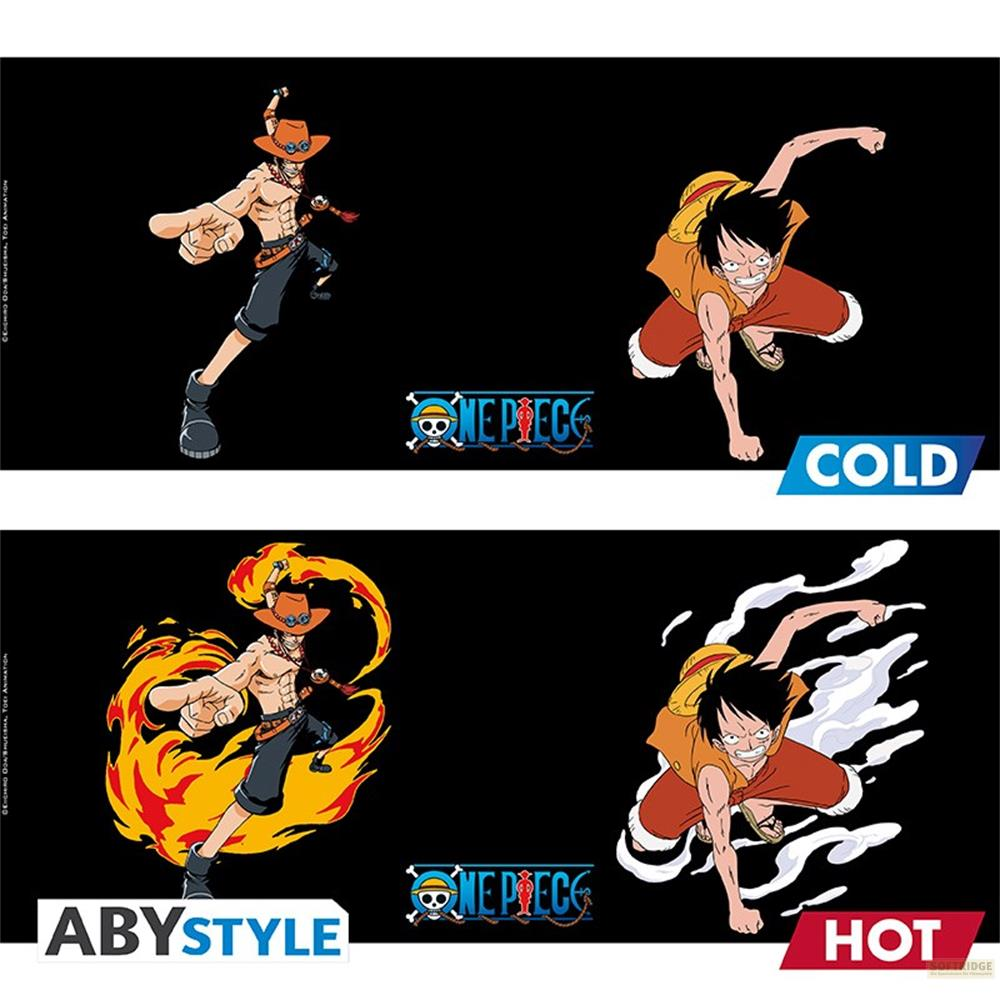 Personajes de One Piece, frío arriba, caliente abajo, con fuego y humo.