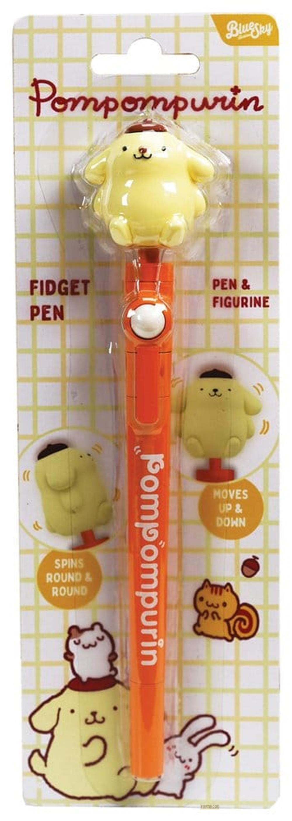 Ein Pompompurin-Fidget-Stift mit einer gelben Hundefigur oben, vor einem Gitterhintergrund.