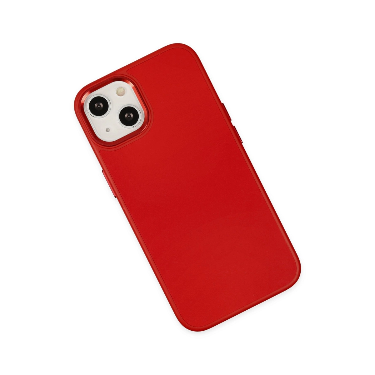 Beyaz arka plan üzerinde kamera çıkıntılı kırmızı iPhone kılıfı.