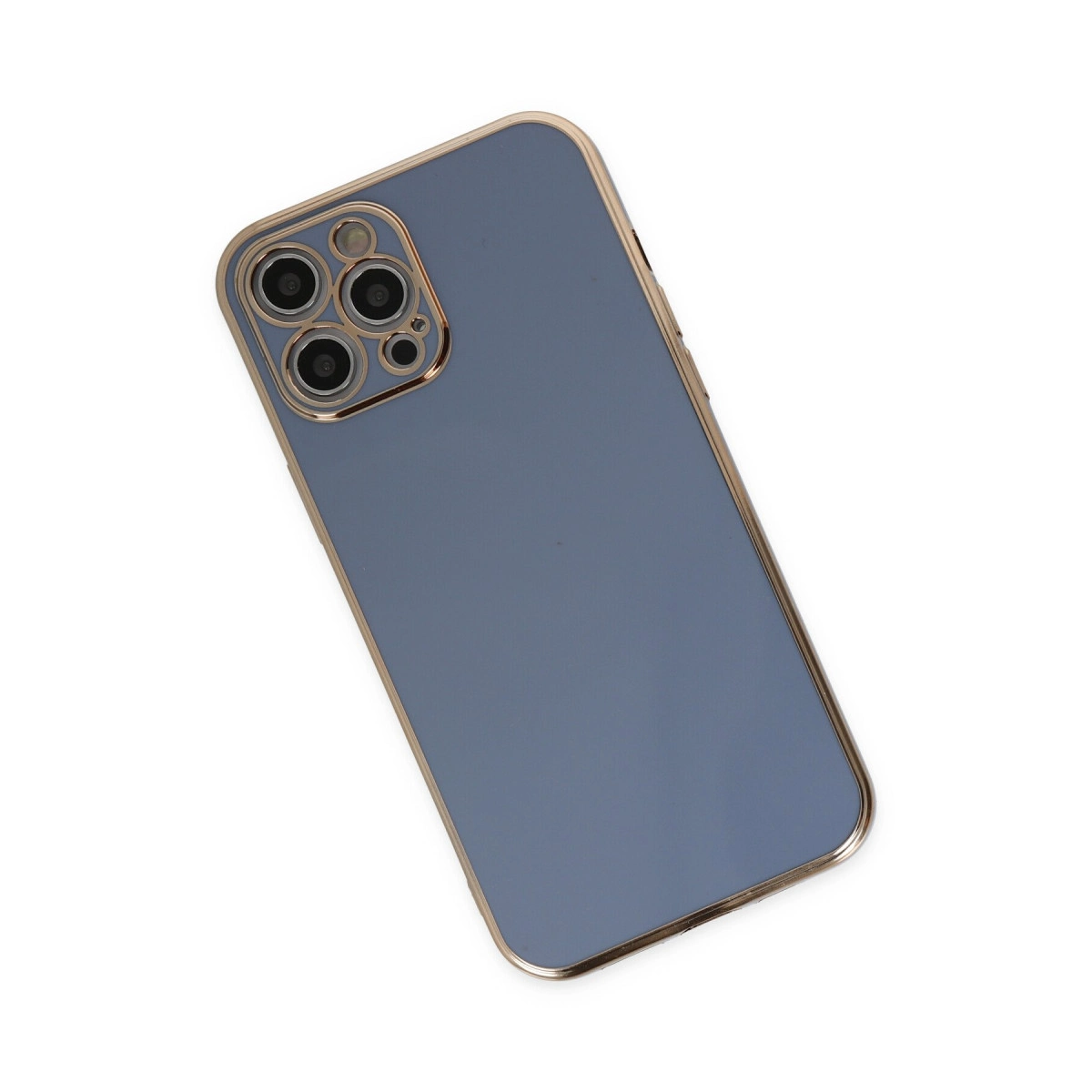 Altın çerçeveli ve kamera lensli mavi akıllı telefon, beyaz arka plan üzerinde.