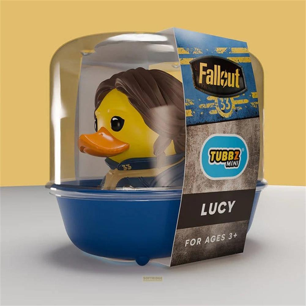 Gelber "Lucy" Tubbz Mini Badespaß im "Fallout"-Design, in Verpackung.