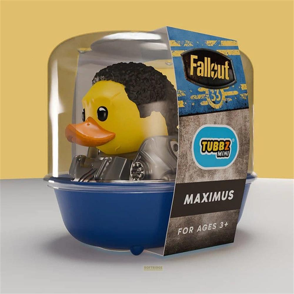 Gelber Tubbz Maximus Gummi-Ente im Fallout 33 Design, in blauer Verpackung.
