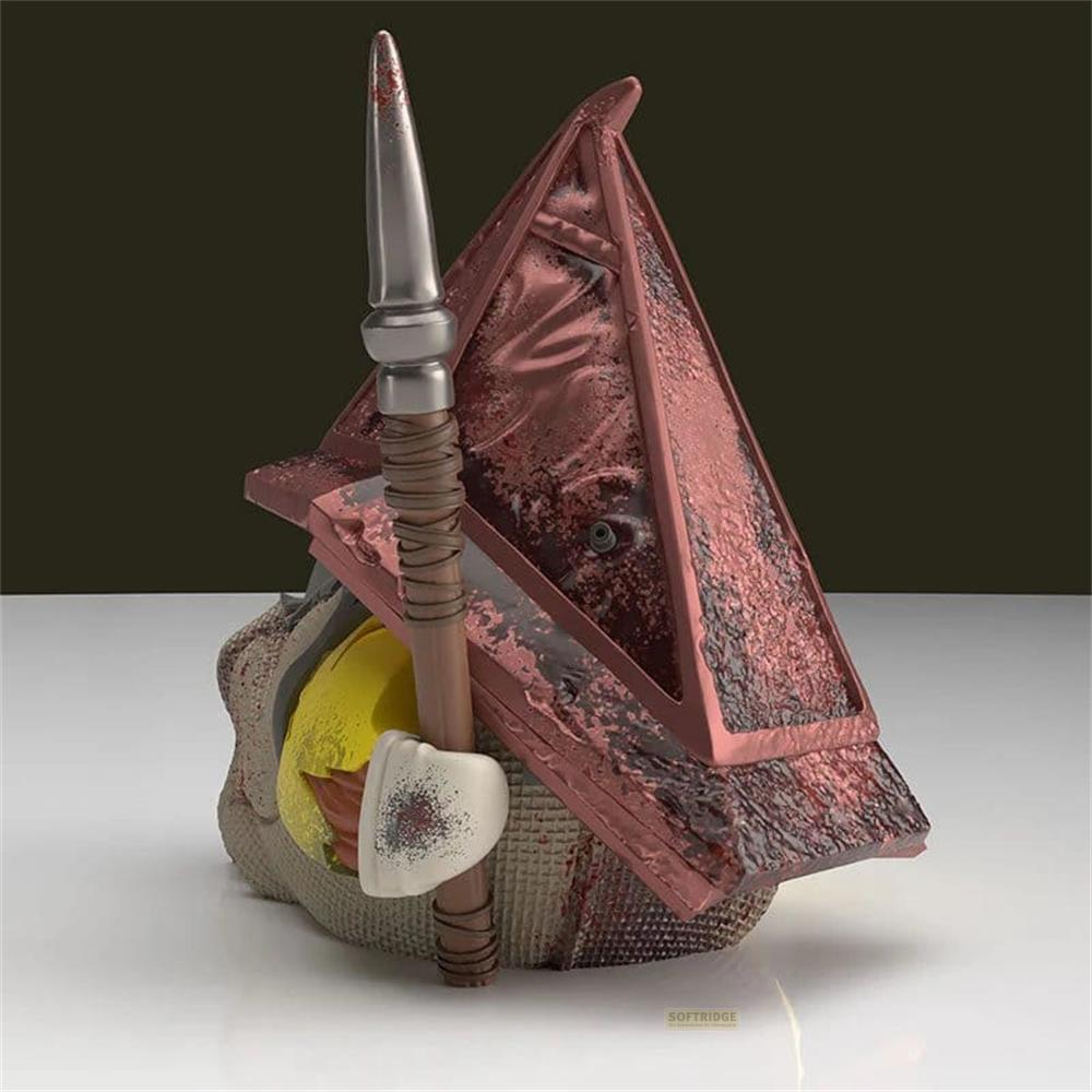 Eine Figur mit einer roten Pyramide als Kopf und einem Speer.
