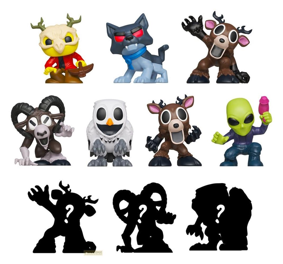 Neun Figuren: Eule, Wolf, Reh, Widder, Eule, Reh, Alien, drei Schatten.