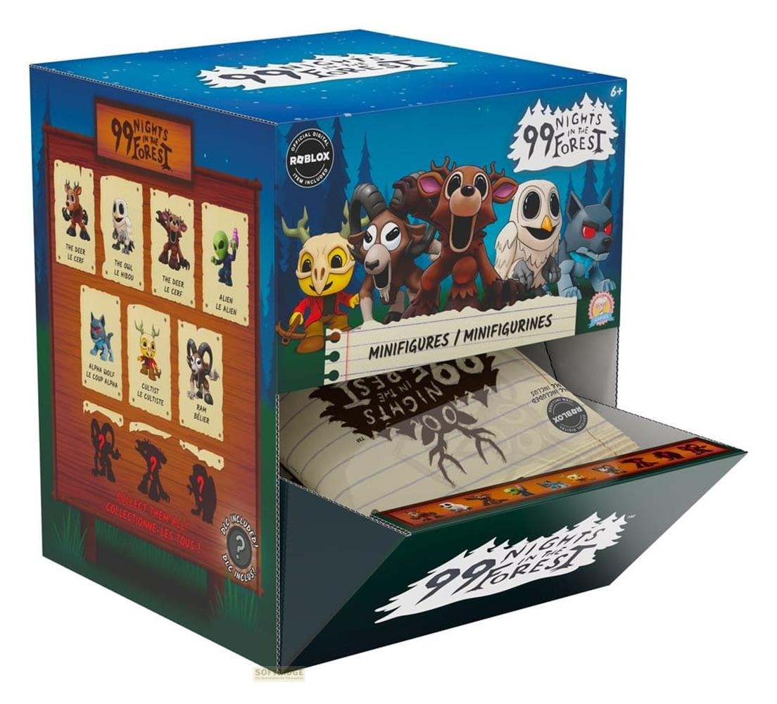 Roblox 99 Nights in the Forest-Box mit Minifiguren und Charakterkarten.