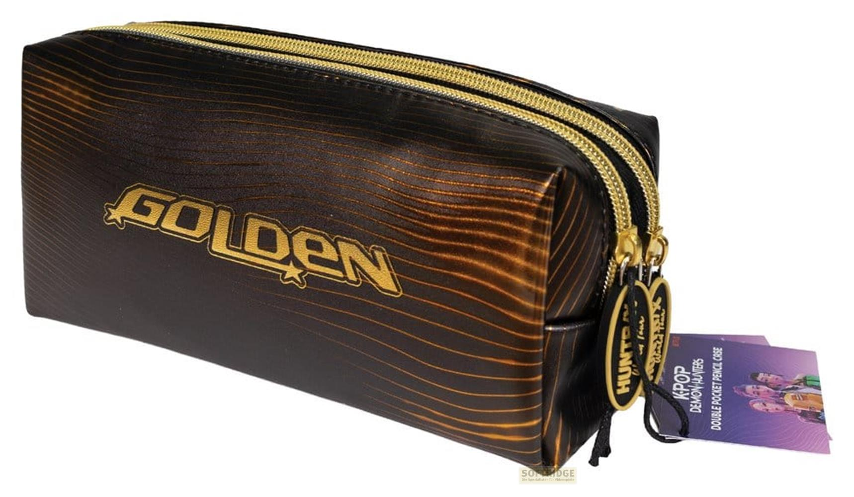 Schwarze Federtasche mit goldenem Aufdruck 'GOLDEN' und Wellenmuster.