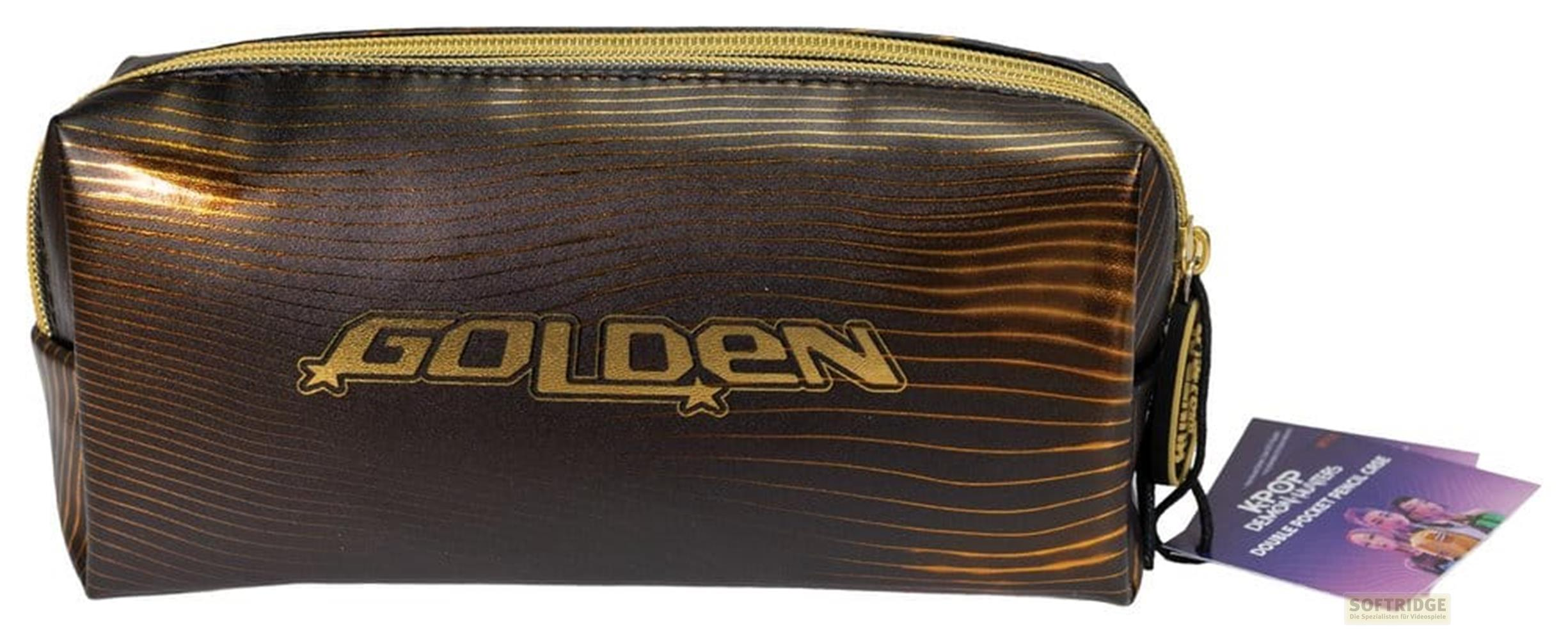 Braune Kosmetiktasche mit goldenen Linien und Schriftzug GOLDEN.