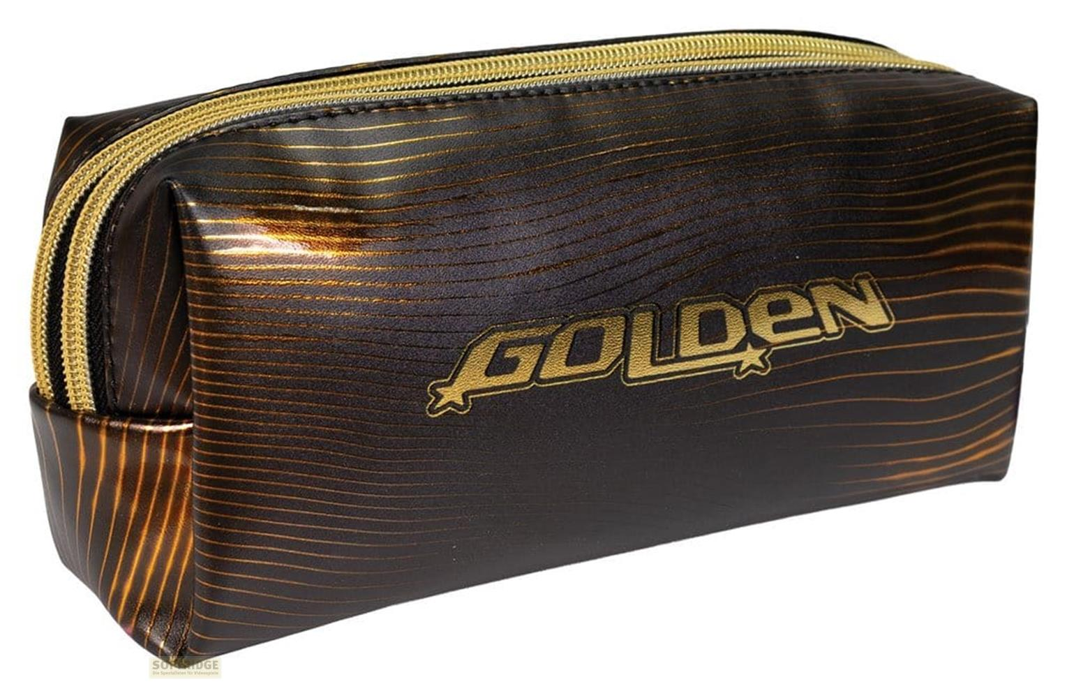 Schwarze Kosmetiktasche mit goldenen Linien und Schriftzug. Reißverschluss oben.