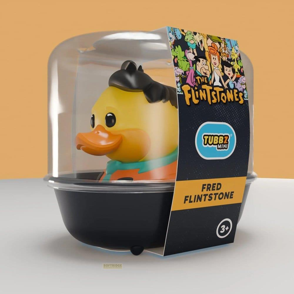 Gelbe Fred Flintstone Tubbz-Ente in Verpackung mit Flintstones-Motiv.
