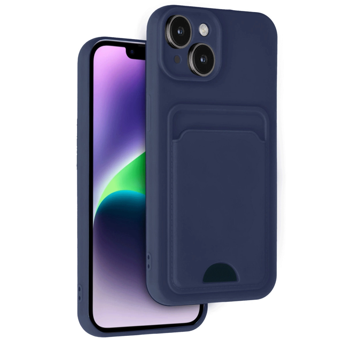 Kart yuvalı ve çift arka kameralı lacivert telefon kılıfı.