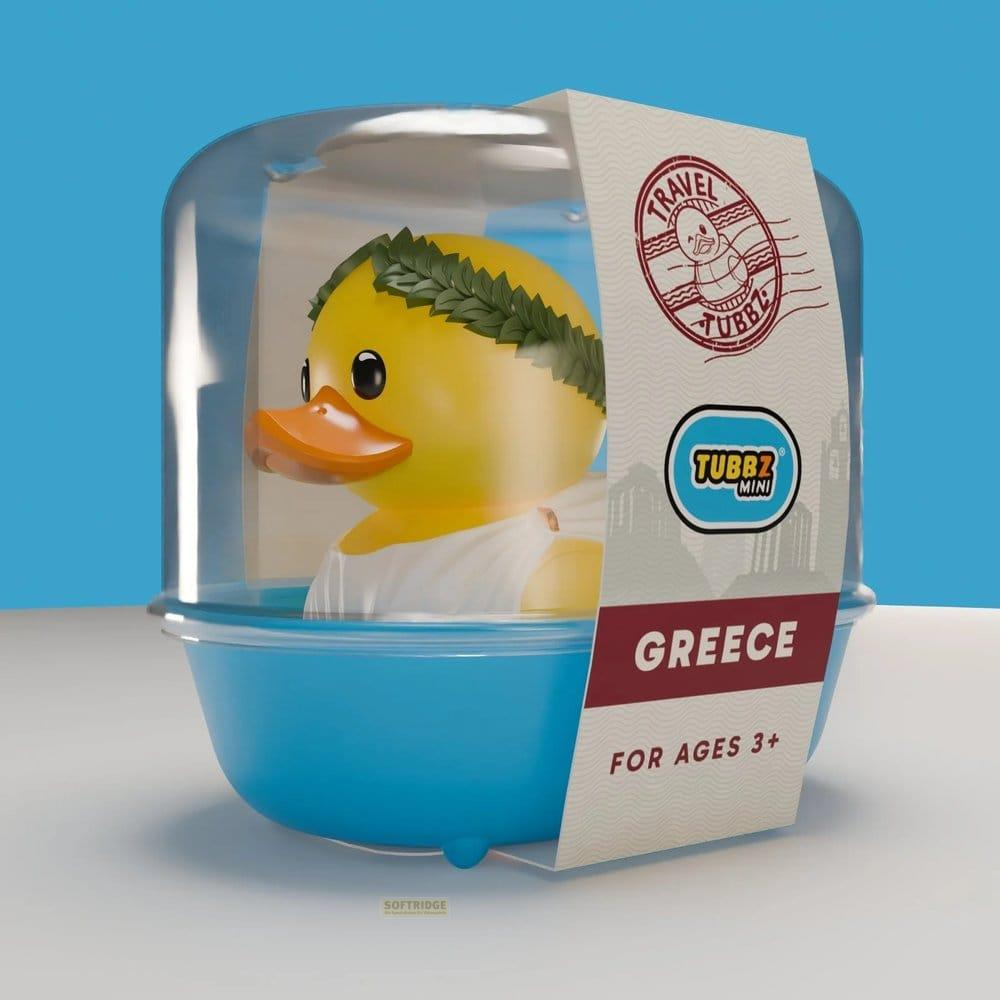 Gelbe Gummi-Ente mit Lorbeerkranz und weißer Toga in Blisterpackung.