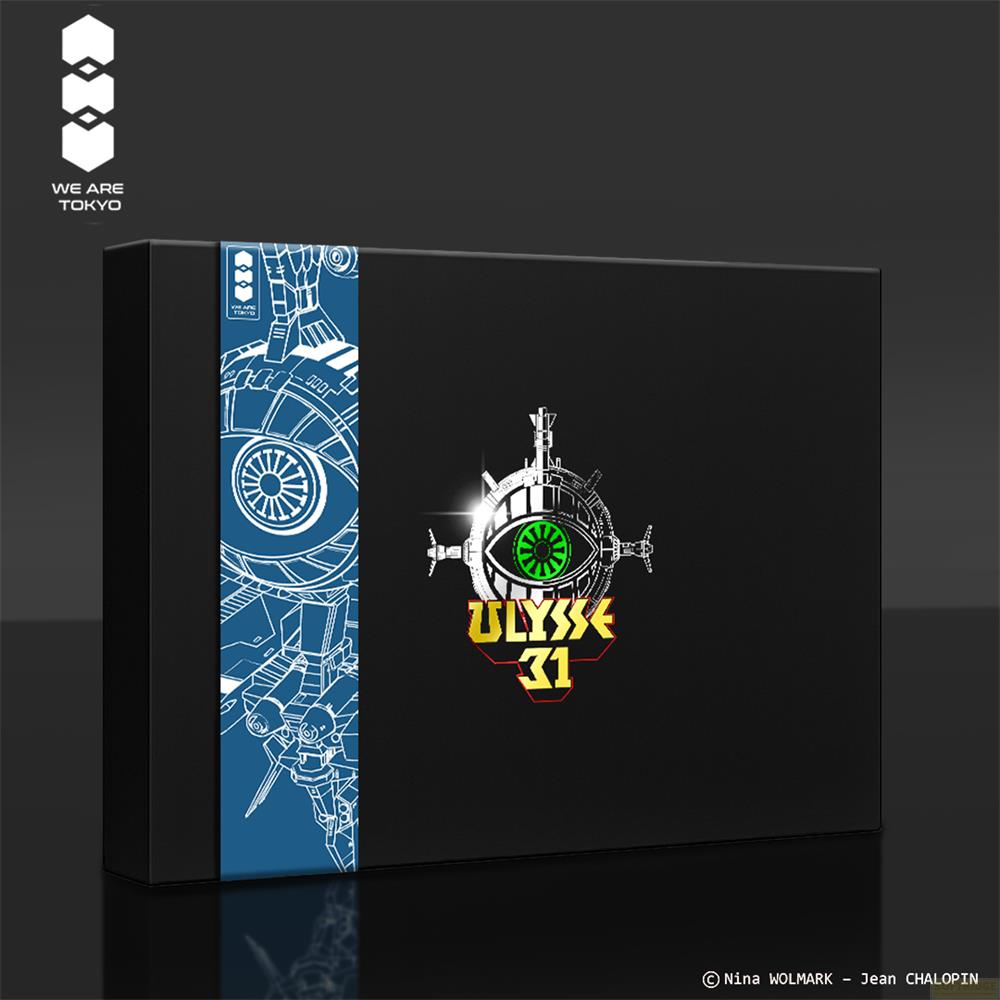 Schwarze Box mit ULYSSE 31 Logo und technischen Zeichnungen.