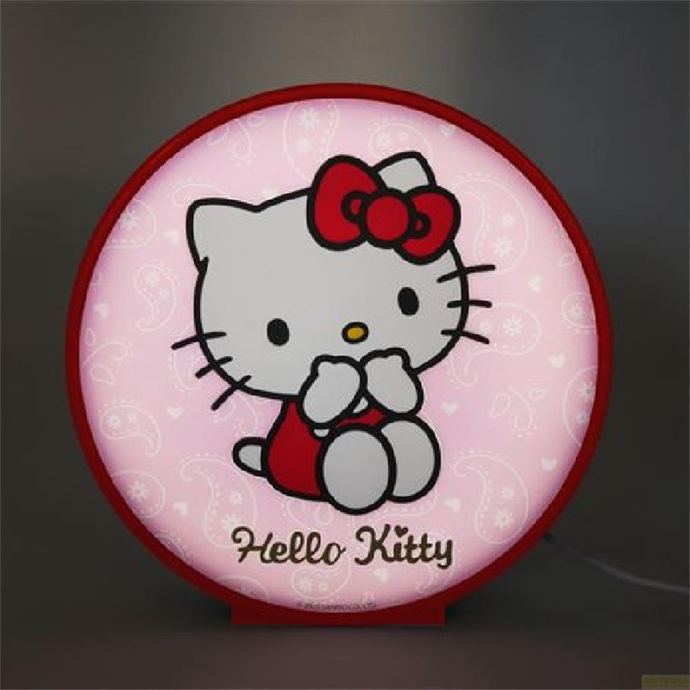 Runde Hello Kitty Lampe mit rotem Rand und rosa Hintergrund mit Paisleymuster.