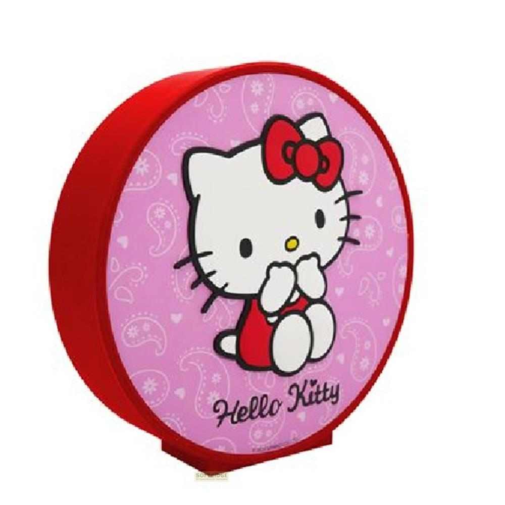 Runder roter Behälter mit Hello Kitty auf rosa Paisleymuster.